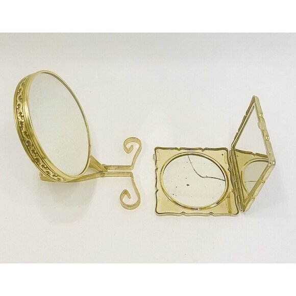 VINTAGE Vanity Mirrors Handheld/ Standing & Ditsy Floral Compact Japan Gold Tone - Picture 6 of 9
